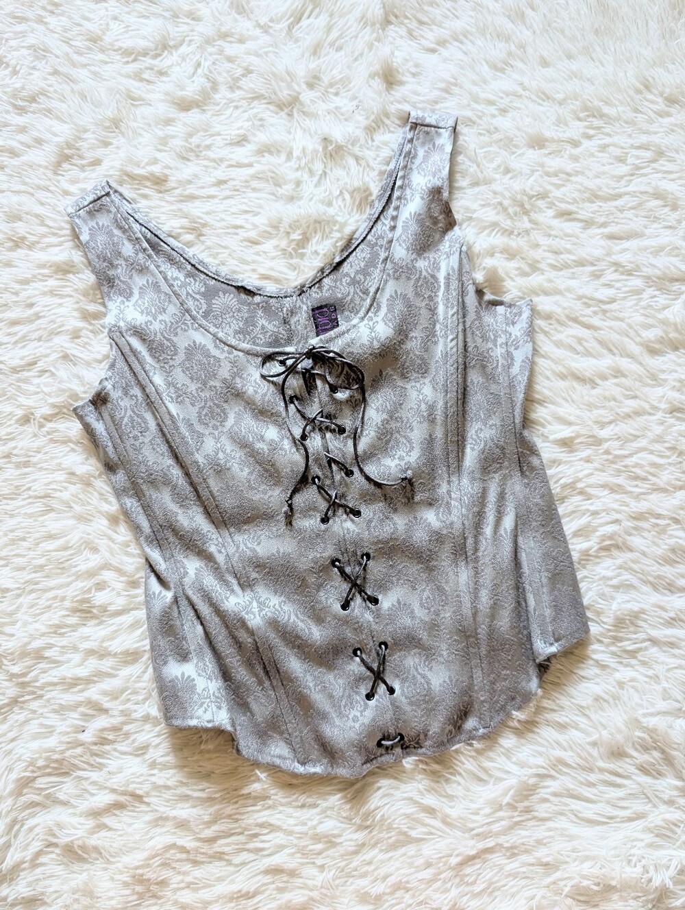 90s Morbid Threads Silver Jacquard Lace Up Vintage Hot Topic Corset Top Large